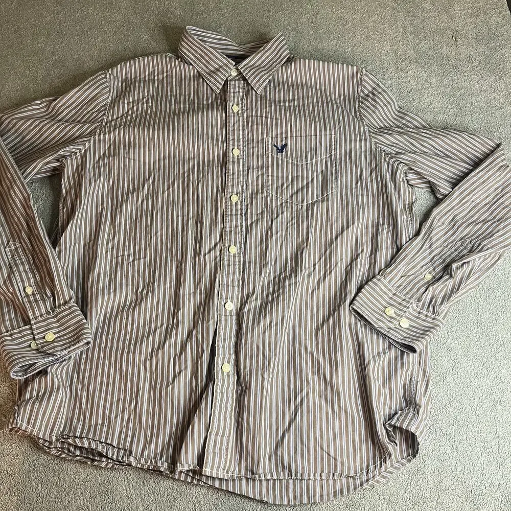 American Eagle Men's L Vintage Fit Striped Button Down Shirt Brown Tan Long SLV